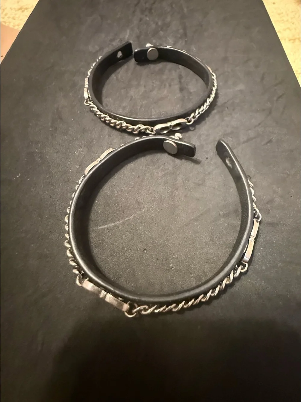 Coach Black Leather Bracelet with Silver Chain Accent